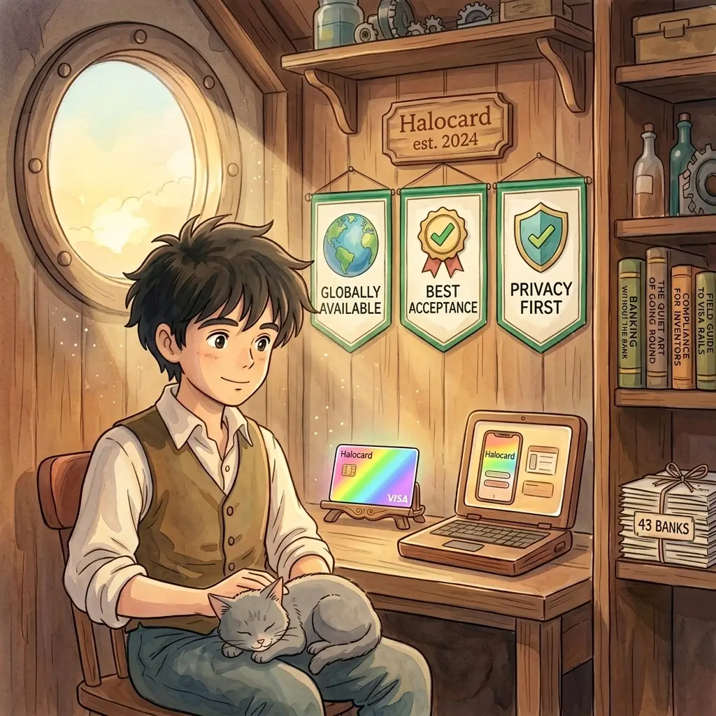Ghibli-style scene of Ed presenting the finished Halocard virtual Visa, the culmination of bank meetings, development, and compliance audits.