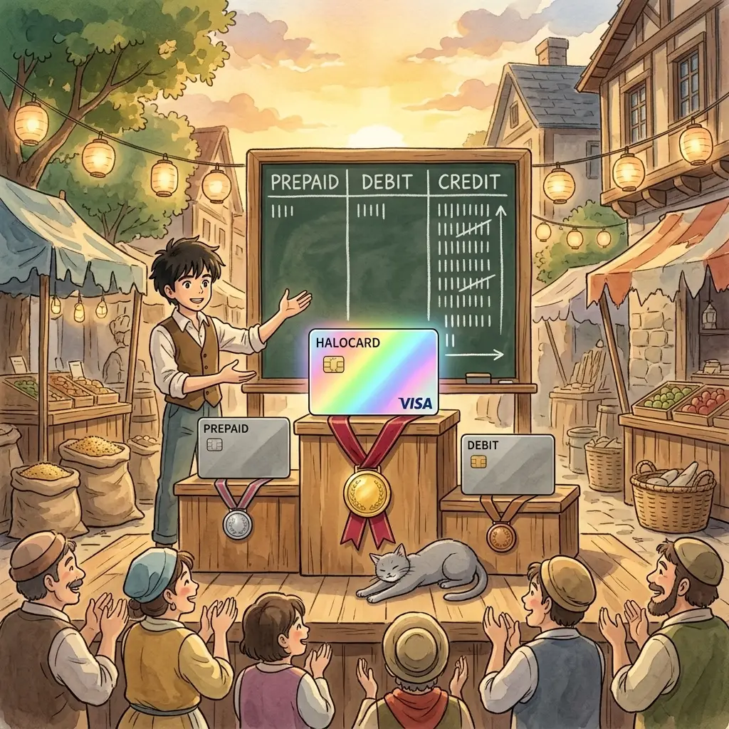 Outdoor Ghibli sunset podium: an iridescent Halocard with HALOCARD top-left and VISA bottom-right sits on the tallest middle platform with a gold medal draped over it; dull grey PREPAID and DEBIT cards sit on side platforms. A chalkboard scoreboard with columns PREPAID, DEBIT, CREDIT shows CREDIT winning by a wide margin.