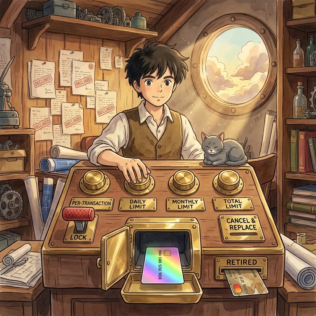 Ed at a warm Ghibli brass control panel with monitor and labelled controls — TRANSACTION, DAILY LIMIT, MONTHLY LIMIT, TOTAL LIMIT, CANCEL & REPLACE, LOCK, RETIRED — with a rainbow card glowing on the central screen and his grey cat watching.