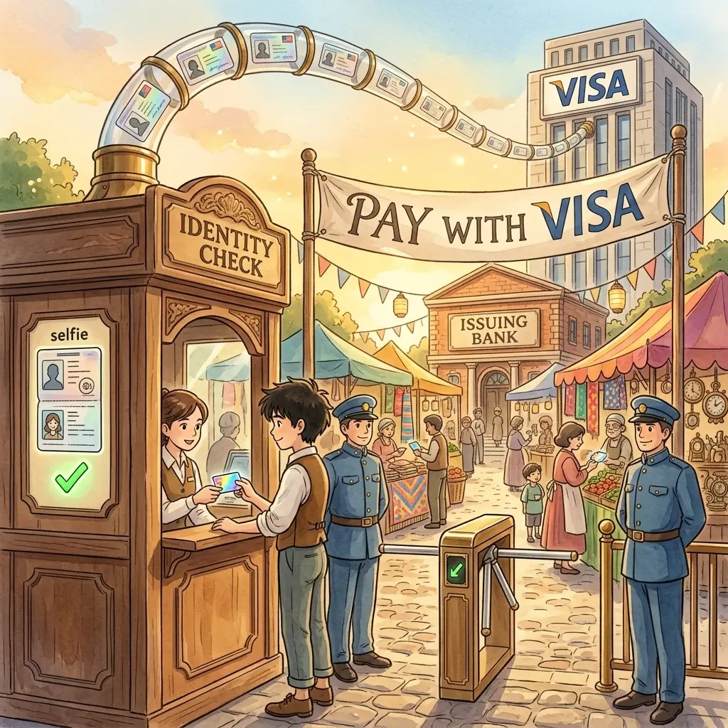 Layered Ghibli scene: foreground IDENTITY CHECK booth where Ed hands his ID to the clerk, a brass turnstile attaches to the side guarded by two uniformed Ghibli officers in peaked caps, a PAY WITH VISA banner strung overhead. Through the turnstile a bustling bazaar where verified users shop with iridescent Halocards. Beyond the bazaar, a warm-brick ISSUING BANK and a taller stone VISA tower with brass pneumatic tubes arcing overhead connecting booth → ISSUING BANK → VISA.
