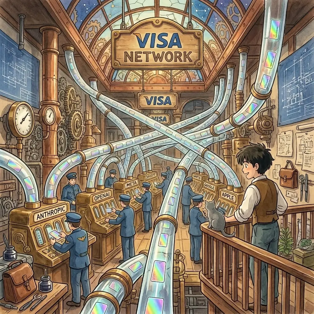 Grand Ghibli vaulted brick-and-glass hall with a prominent overhead VISA NETWORK sign and VISA badge. Brass pneumatic tubes arc across the ceiling carrying packages between merchant-labelled booths (ANTHROPIC and others). Capped operators work at the stations while Ed watches — every transaction still passes through the network.
