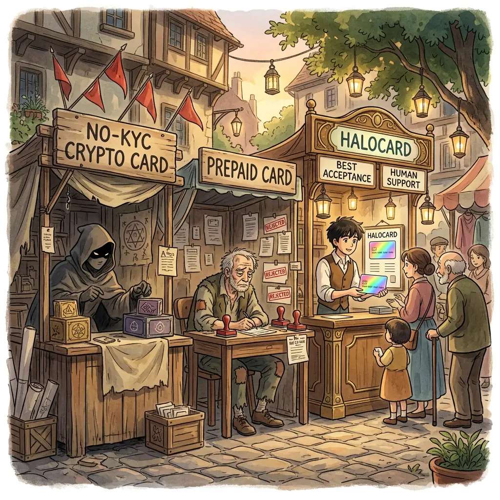 Three side-by-side Ghibli market stalls labelled NO-KYC CRYPTO CARD (a hooded shady figure), PREPAID CARD (an older salesman shuffling cards), and HALOCARD (Ed welcoming customers at a friendly till). Cobbled street, hanging lanterns.