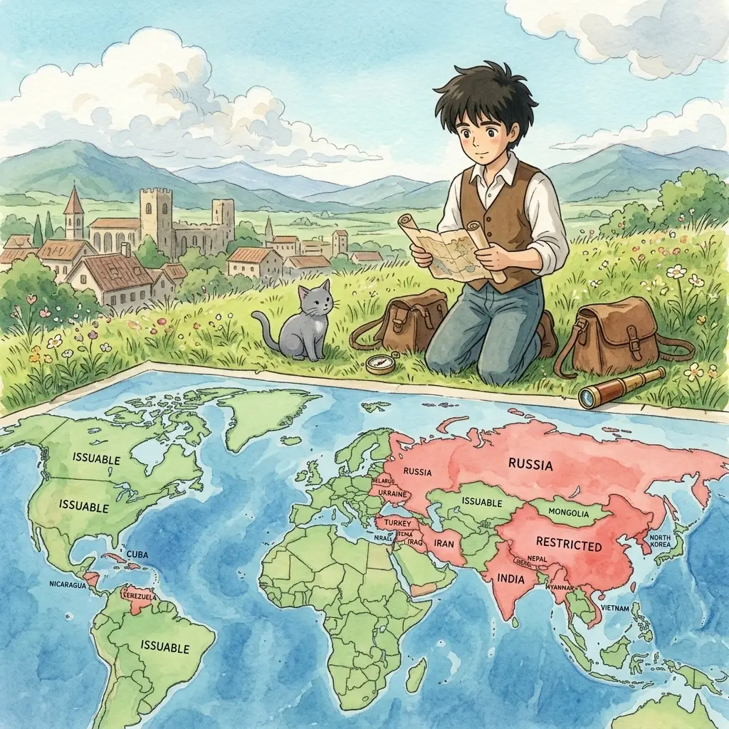 Ed and his grey cat on a grassy Ghibli hilltop overlooking a sprawling outdoor world-map mosaic. Most continents in soft sage-green tiles; restricted countries in soft coral-red and labelled — China, India, Myanmar, Nepal, North Korea, Vietnam, Belarus, Russia, Turkey, Ukraine, Iran, Iraq, Israel, Syria, Cuba, Nicaragua, Venezuela. A bustling vendor metropolis rises beyond, rooftop signs reading ANTHROPIC, OPENAI, META, GOOGLE, APPLE, AMAZON, ALIBABA.